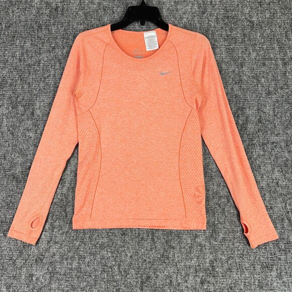 Nike Shirt Womens Medium Orange Dri Fit Thumbhole Wicking‎ Running Yoga Workout - Picture 1 of 9